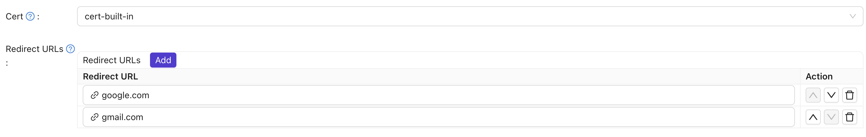 Seleccionar cert y agregar URLs de redirección