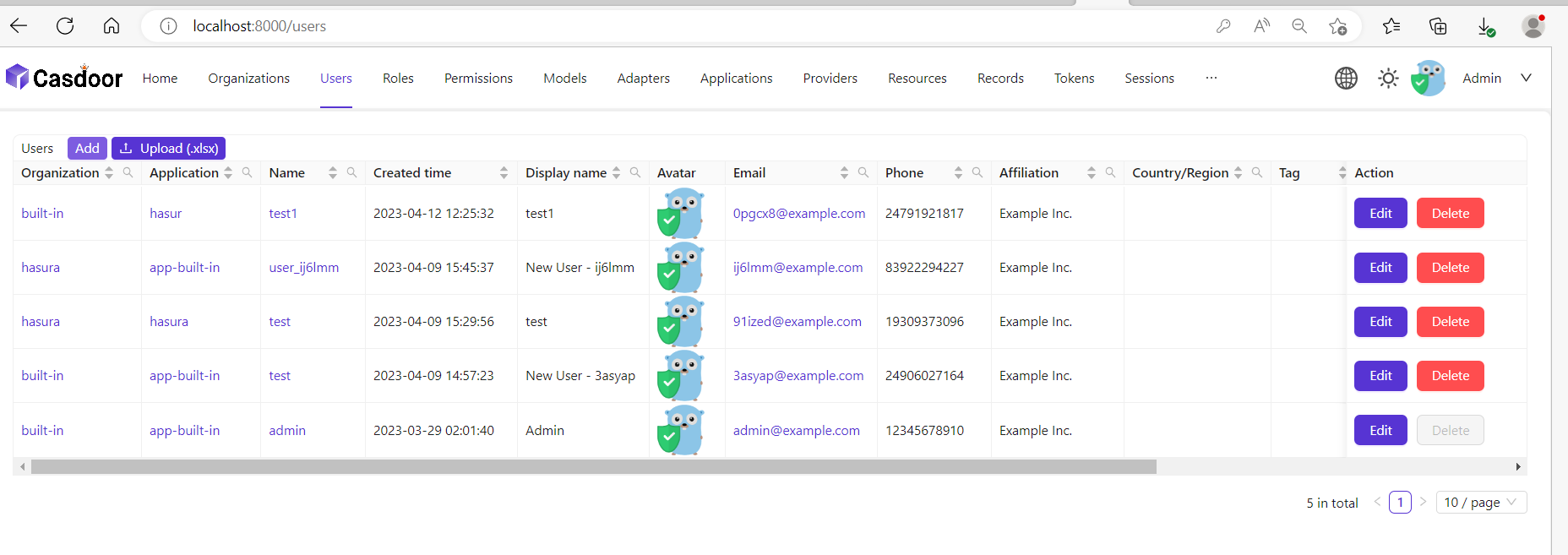Imagem mostrando a página de usuários