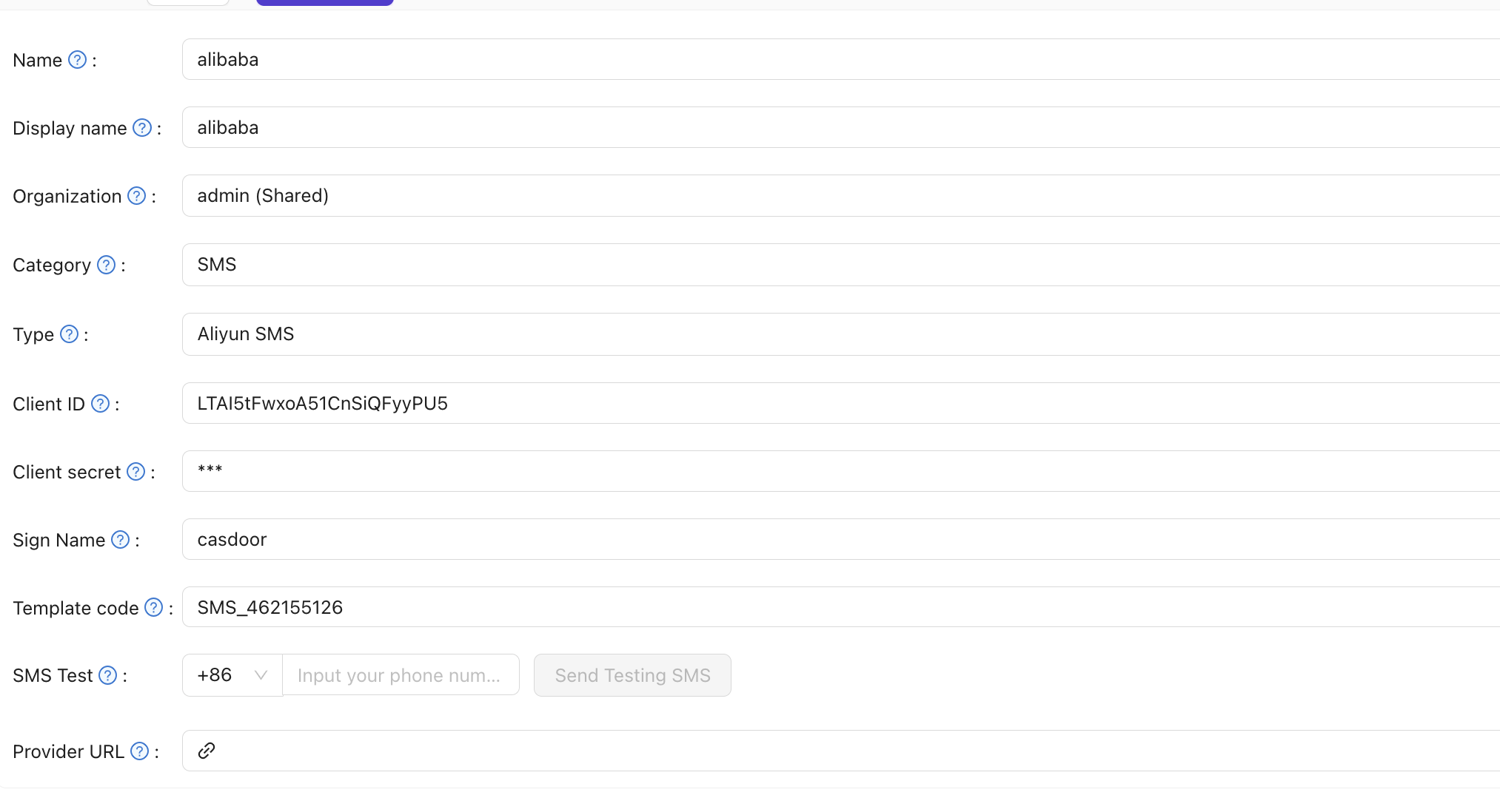 การกำหนดค่าผู้ให้บริการ Alibaba